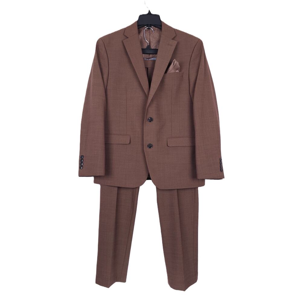 Bar III Mens Slim Fit 2 Piece Suit 38R 30x32 Brown Rust Solid Stretch Wool NWT